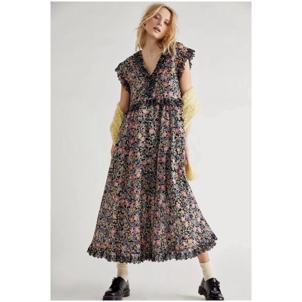 FREE PEOPLE Small Milania Floral Maxi Dress Dark Combo Boho Oversized Peasant